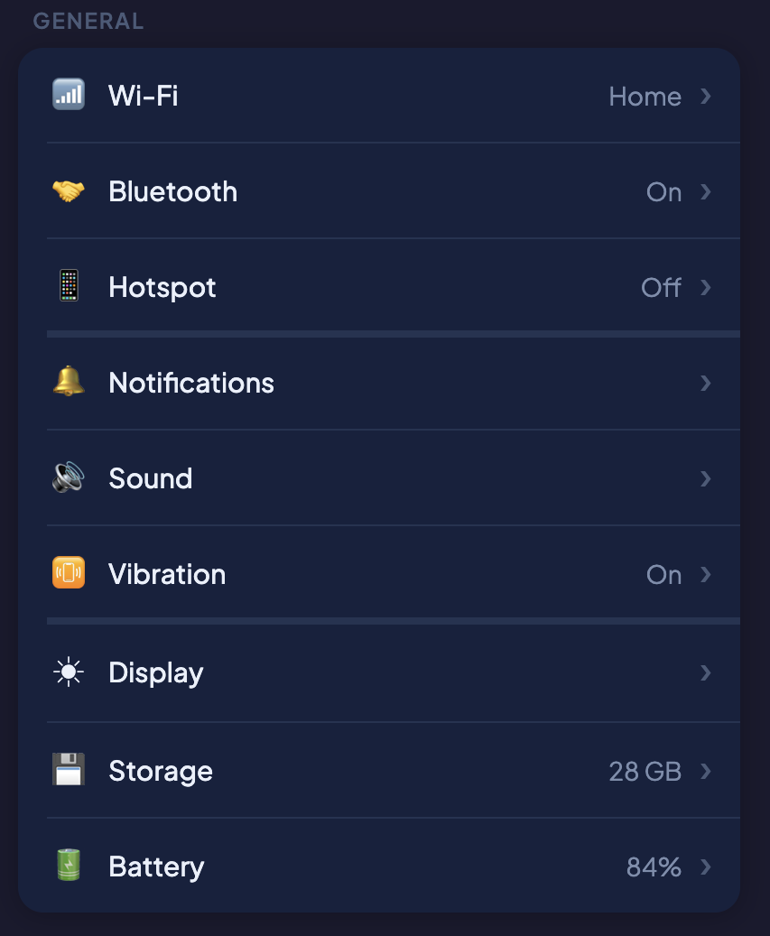 Settings list demo